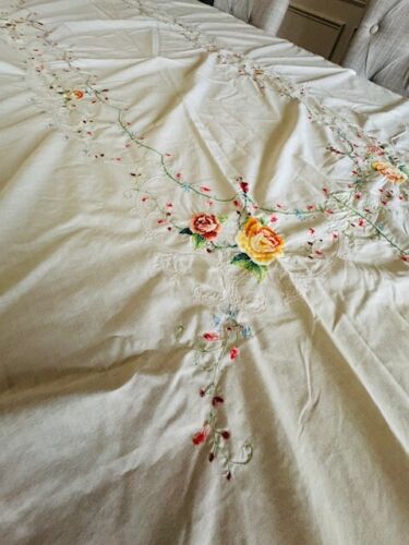 VTG TABLECLOTH OVAL HAND EMBROIDERED CROSS STITCH ROSES LACE 66x94” SCALLOPED - Picture 4 of 18