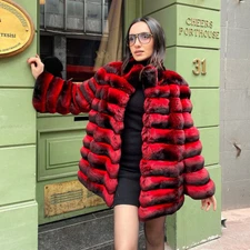 New Red Chinchilla Coat Women Natural Rex Rabbit Fur Outwear Stand Collar Jacket