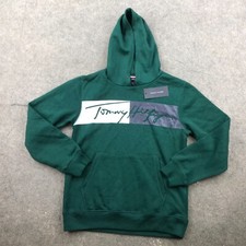 Tommy Hilfiger Hoodie Boys Medium Green Spell Out Logo Fleece Hooded Sweatshirt 