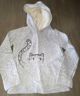 girls gray KITTY CAT SWEATSHIRT size 7 GLITTER DOTS PLUSH LINED HOOD TOP CUTE!!