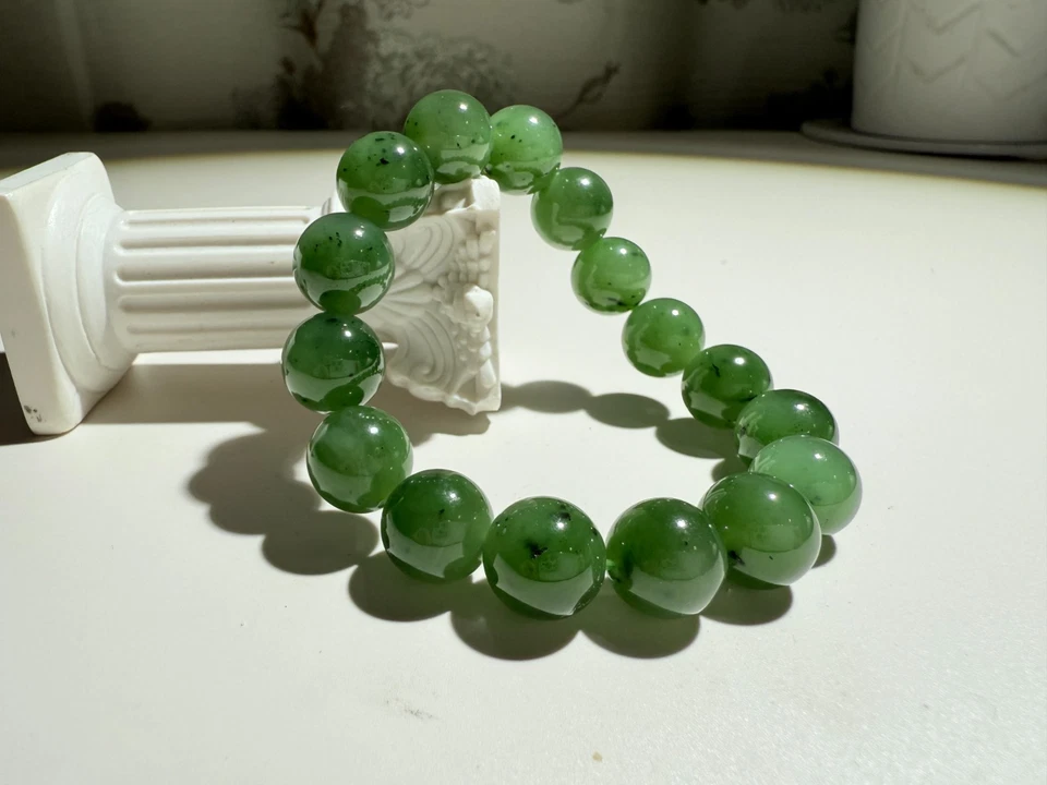 Pulsera Nefrita Siberiana Verde Natural 12mm, Nefrita Verde Espinaca|老坑碧玉 Foto 3 de 4
