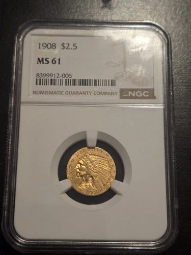 1908 Indian Head $2.5 Quarter Eagle Gold Coin MS61 NGC