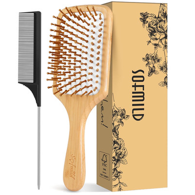 Hair Brush-Natural Wooden Bamboo Brush and Detangle Tail Comb, Paddle Hairbrush 
