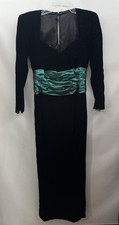 Vtg 80s Black Velvet Green Ruched Waist Long Gown Prom Dress Sz 8 S