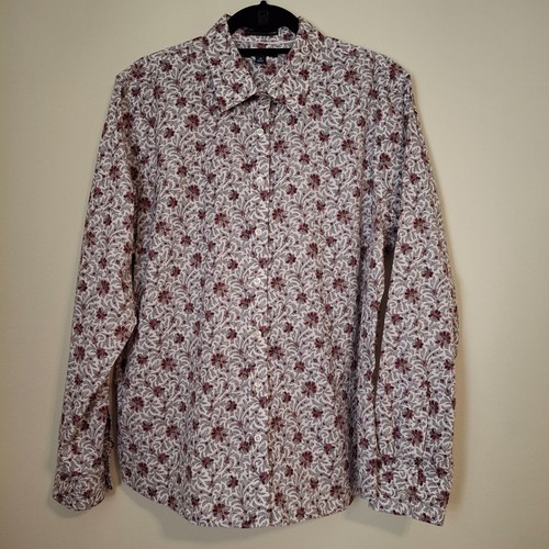 Lands End Women's 18 No Iron Pinpoint Oxford Cotton Button Up Red White Floral