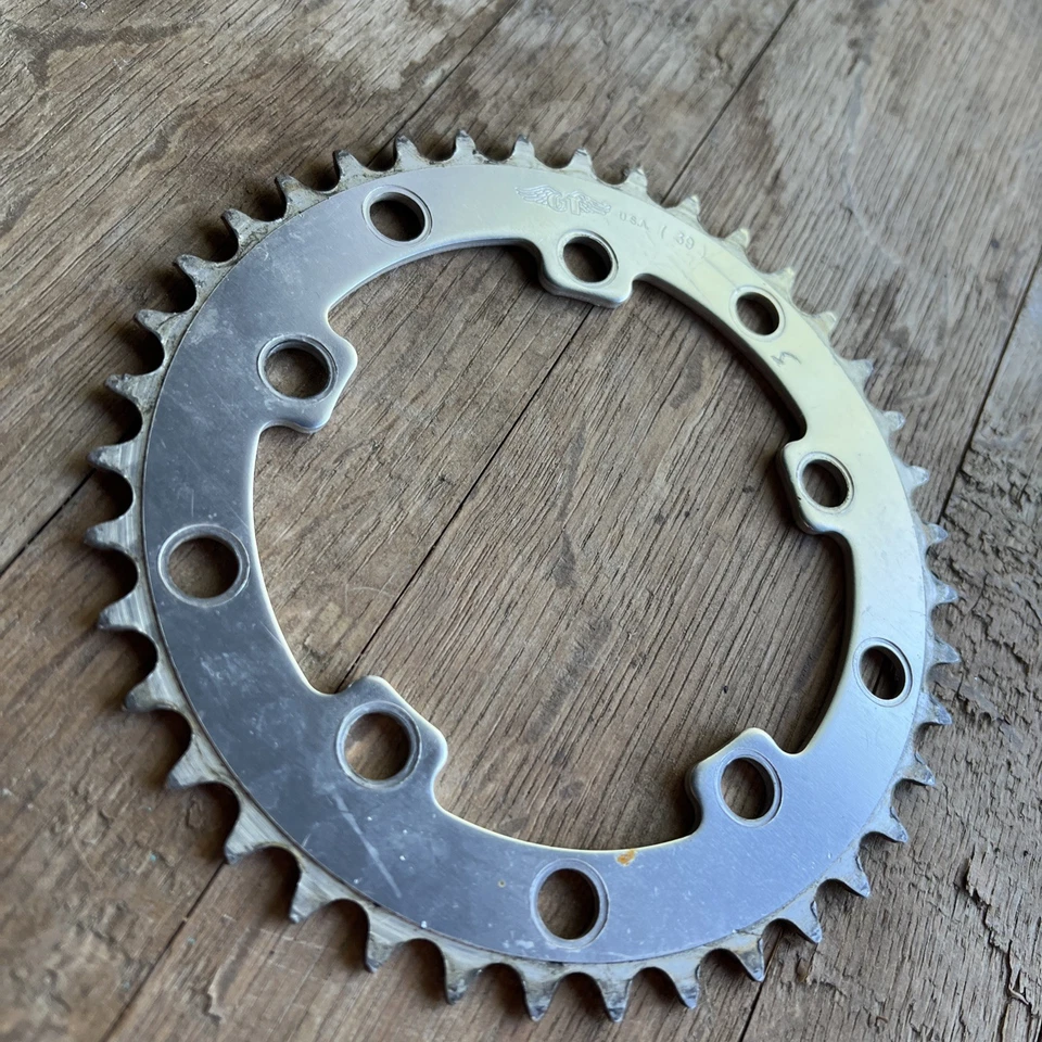 Plato Vintage Estampado Alas GT 39 Dientes EE. UU. Old School BMX Plateado OG Foto 3 de 4