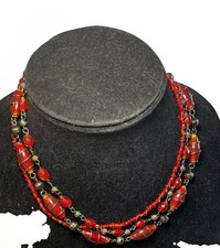 Vintage Glass Bead Necklace Multi Strand Red Silver Tone