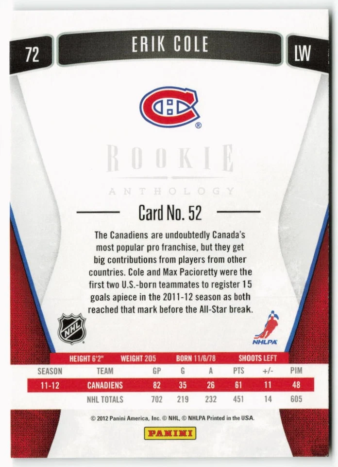 2011-12 Erik Cole Panini Rookie Anthology - Montreal Canadiens - Image 2 of 2