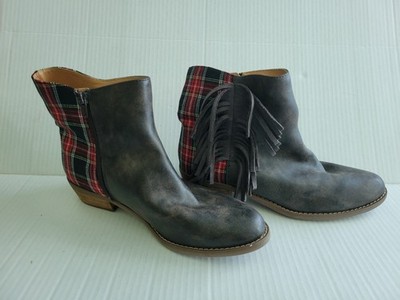 Code West Women s Fringe Plaid Booties Gray Brown Western Style Size 8.5