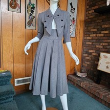 Vtg 40s 50s Wing Cuff Gray Wool Full Skirt Victory Suit Carlye Coat Dress XS/S
