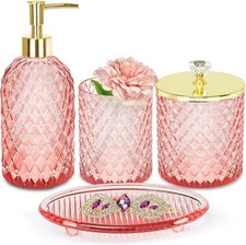 4PC Pink Glass Bathroom Accessories Set with Soap Dispenser Gold