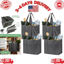 4 Pack Reusable Grocery Bags Durable Hard Bottom Shopping Tote Bags, Windowpane