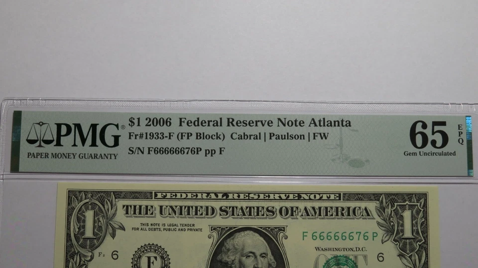 $1 2006 Near Solid Serial Number Federal Reserve Bank Note Bill UNC65 PMG 666666 - Image 2 of 3