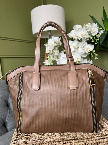 Furla Amazzone Bag Taupe brown leather Expandable Handbag Stud Zip Detail - Picture 10 of 17