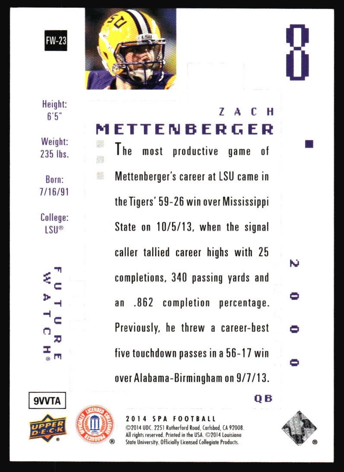 2014 SP Authentic Zach Mettenberger Rookie /999 #FW-23 LSU Tigers - Image 2 of 2