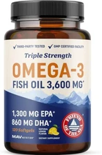 Triple Strength Omega 3 Fish Oil 3600mg EPA & DHA Over 2100mg Omega3 Fatty 120ct