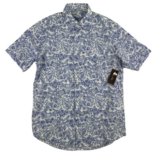 Tasso Elba Mens Linares Printed Short Sleeve Button Down Shirt Blue S