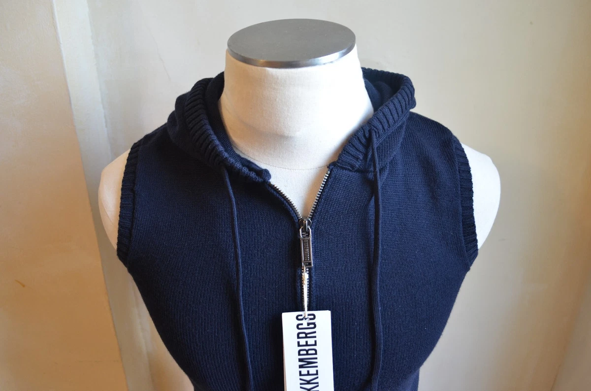 BIKKEMBERGS DELUXE BLUE WOOL THICK KNIT DESIGN SWEATER VEST WITH HOOD S S ITALY