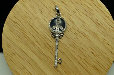 925 STERLING SILBER PEACE ZEICHEN SCHLÜSSEL ANHÄNGER CHARM MIT DIAMANTEN & ONYX #A3083