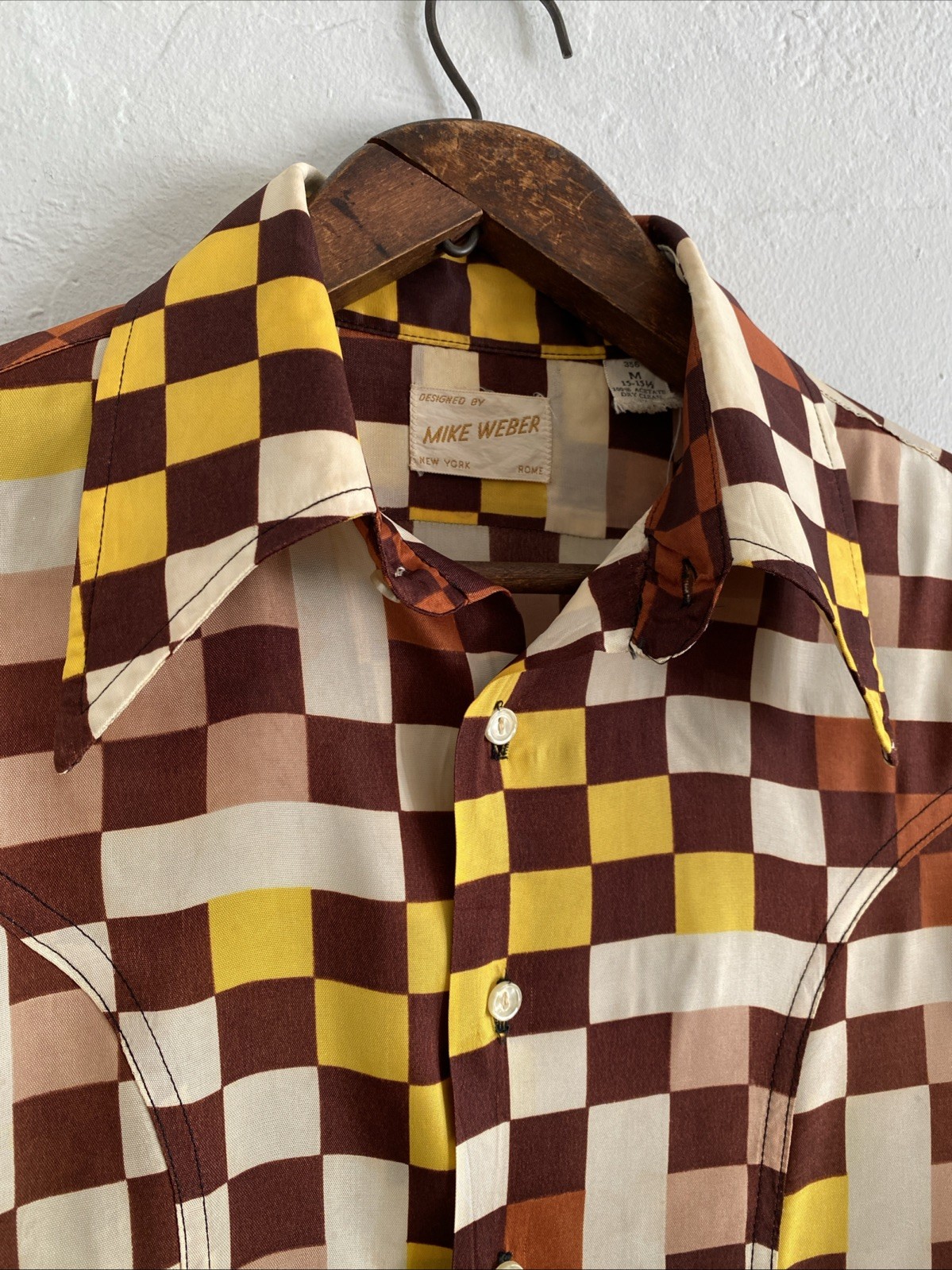 Vintage 70s Mike Weber Dagger Collar Op Art Checker Disco Button Up Shirt Sz S M image 2