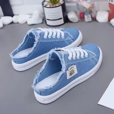 Womens Backless Canvas Sneakers Slip On Mules Frayed Lace Up Casual Shoes White
