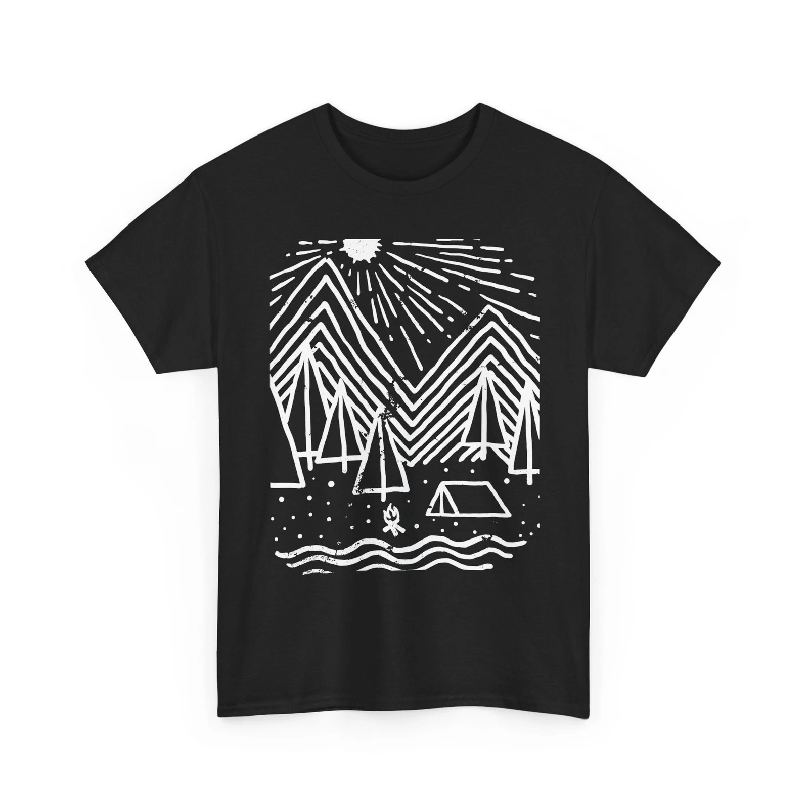 Mountain Camping Tee | Tent, Campfire, Pine Trees Night Scene, Cool Graphic Tee
