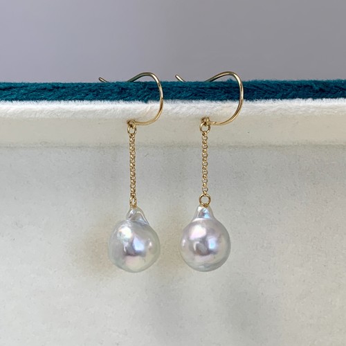9.4+mm Baroque Silver Japanese Akoya pearl Drop earrings 14K yellow gold,1.4" - Picture 2 of 10