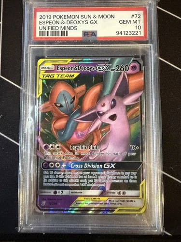 2019 POKEMON SUN & MOON UNIFIED MINDS #72 ESPEON & DEOXYS GX PSA 10
