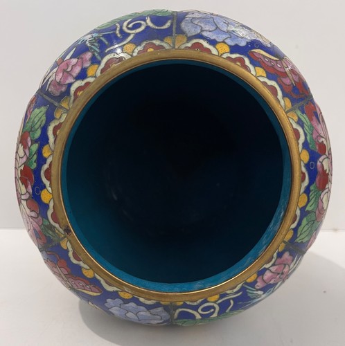 Chine pot couvert cloisonné c 1930 fleur papillon oiseaux pivoine chrysanthème - Photo 7 sur 9