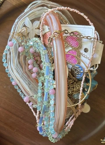 Mystery Gold & Pastel Jewelry Bag/Jar Lot All Wearable VTG-Now/Blwn Glass Basket