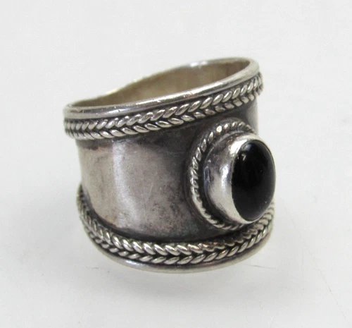 Vintage Onyx Cabochon Sterling Silver Ring Rope Chunky Size 6.5