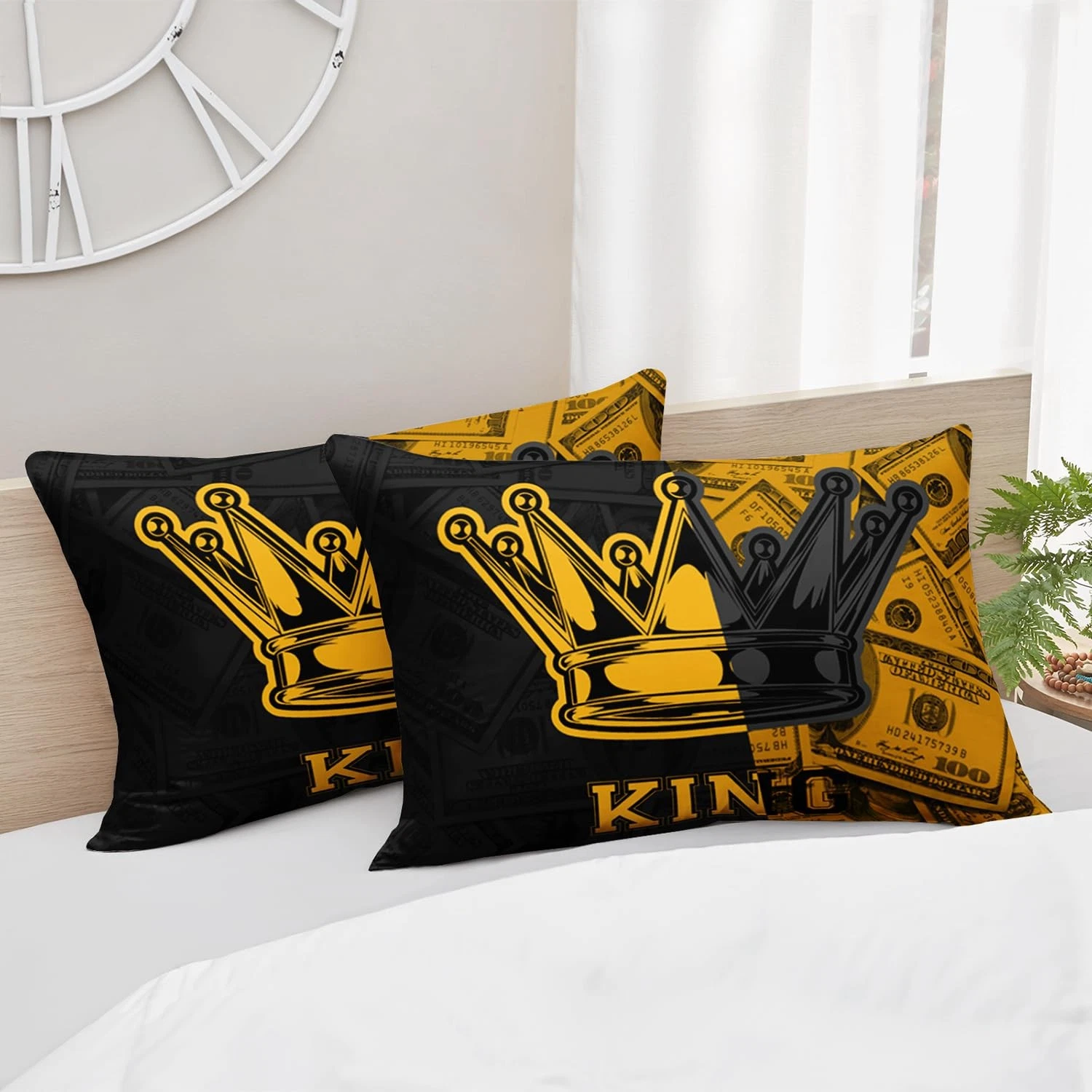 Black and Gold Printed Couple Queen Bedding Set with Crown Design