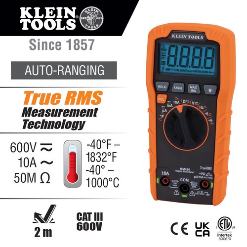 KLEIN Tools A-MM420 AC/DC Digital Multimeter TRMS Auto-Ranging 600V Temp - Picture 10 of 13