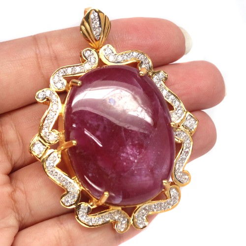 Gemstone 34 X 42 mm. Red Ruby & White Zircon Brooch 925 Silver Sterling - Picture 2 of 5