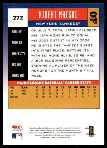 2005 DONRUSS HIDEKI MATSUI NEW YORK YANKEES #272 - Picture 2 of 2