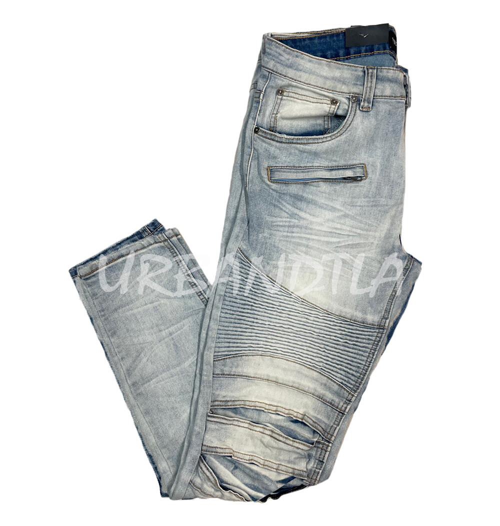 【DISCERNMENT】Barmel Biker Brush Denim Men's Stretch Washed Denim Biker Jeans Distressed Moto Jeans
