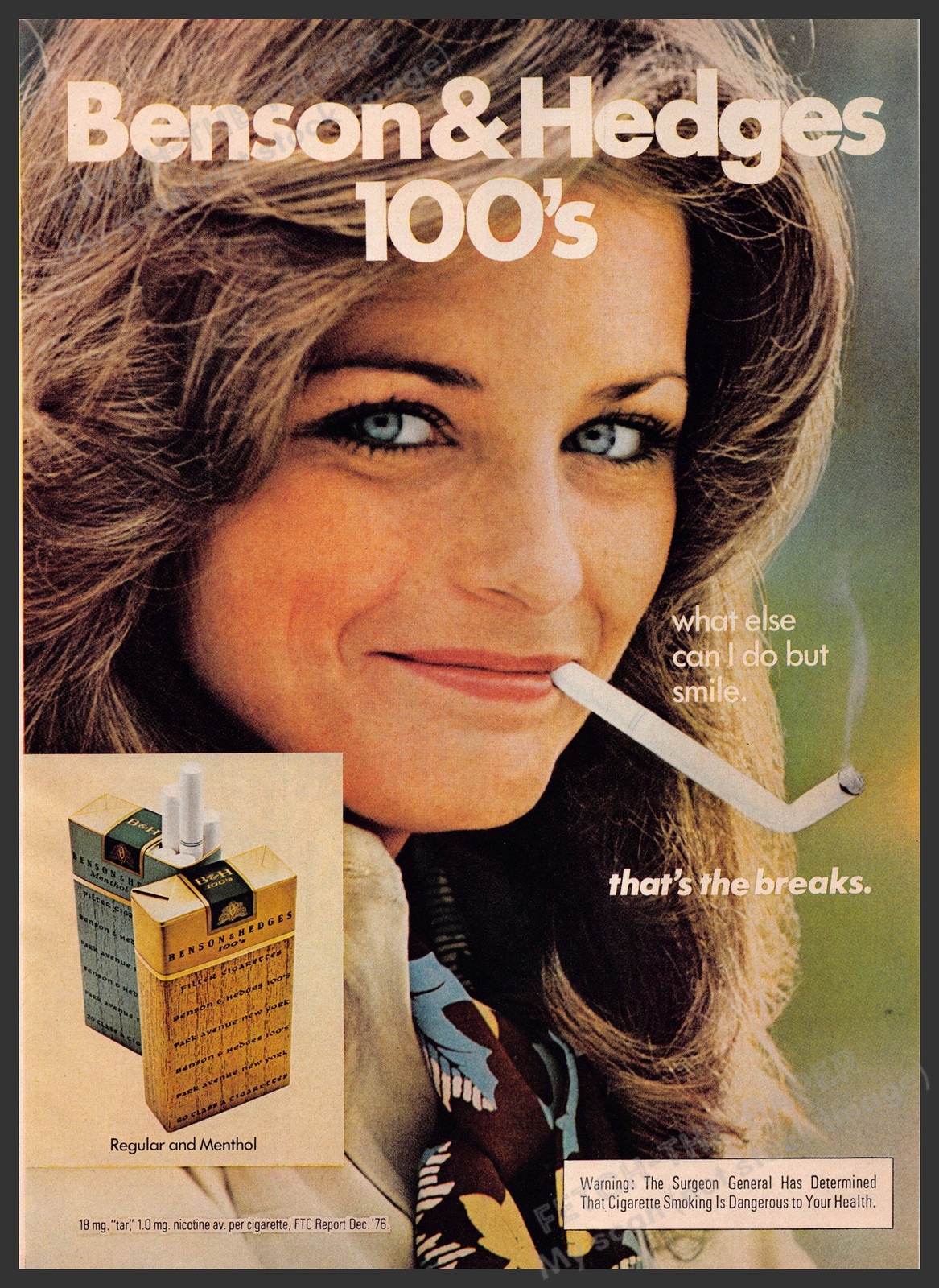 Benson & Hedges 1970s Print Advertisement 1977 Girl Bent Cigarette Breaks