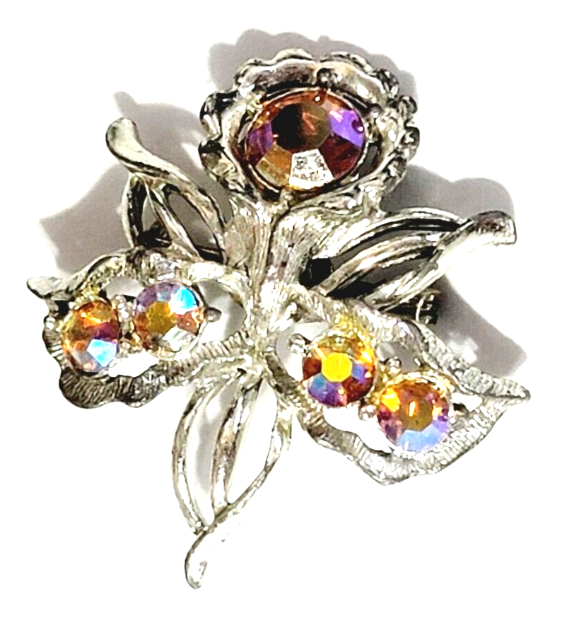 Flower Rhinestone Brooch Pin, AB Colorful Glass Vintage Jewelry eBay
