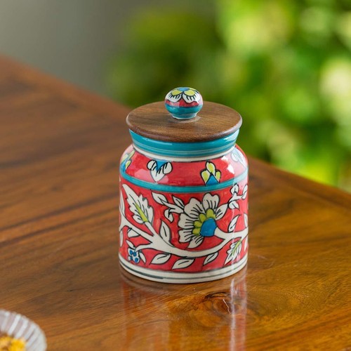 Exklusiv Lane Mughal Zylinderförmige Keramik Blumen Handbemalt Glas Holz Deckel - Bild 4 von 8