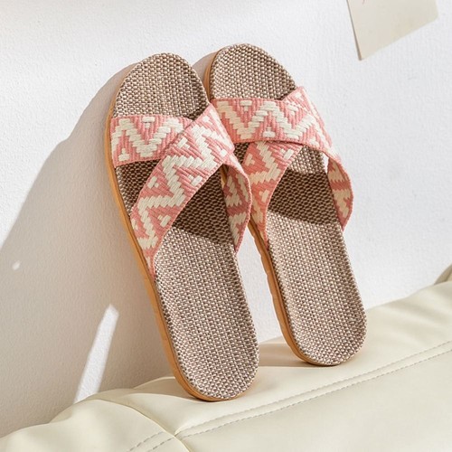 Flax Linen Cross Slippers Ethnic Style Slides Sandals Bedroom - Picture 4 of 17