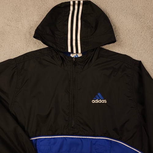 Vintage 90s Adidas Windbreaker Boys L Black Blue 1/4 Zip Pullover Vented Youth - Picture 8 of 16