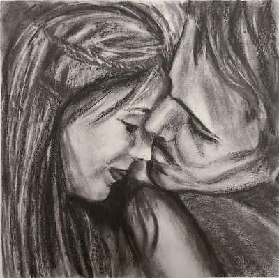 Original charcoal painting drawing love kiss framed signed realistic fine art