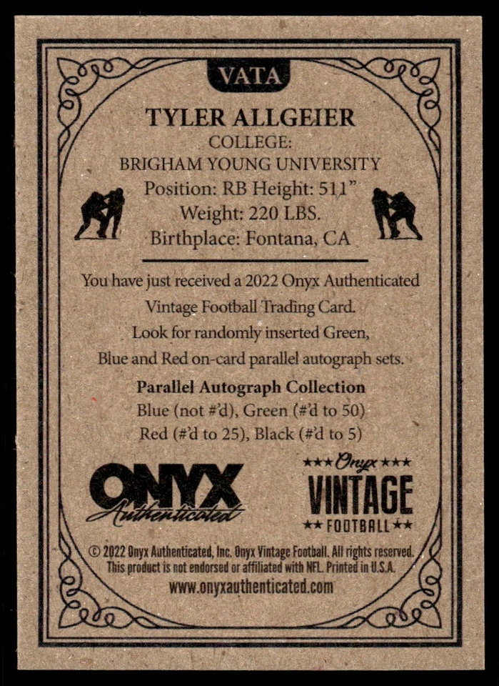 2022 Onyx Vintage Auto Tyler Allgeier RC Auto BYU Cougars #VATA - Image 2 of 2