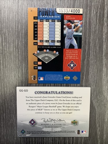 2003 Upper Deck Game Face Gear Juan Gonzalez + 1998 SPX Power Explosion #d/ 4000 - Picture 4 of 6