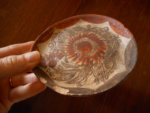 Guerrero ? Mexican Folk Antique Pottery Floral Small Plate Trinket Unmarked 60's - Picture 2 of 10