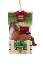 KURT ADLER HORSE AT BARNYARD w/ BIRD & WREATH EQUESTRIAN CHRISTMAS TREE ORNAMENT