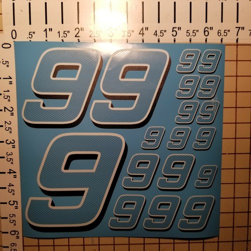 CARBON FIBER Cascade Blue w-White/Black #9's Numbers Vinyl Decal Sheet 1/10-1/12 - Picture 2 of 11