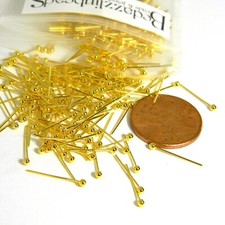 100 Gold Plated Brass 14mm Long 24 Gauge 0.51mm Headpins with 1.8mm Round Ball