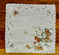 Vintage Ladies Floral Hankie White Cotton Orange Yellow White Bouquet Flowers