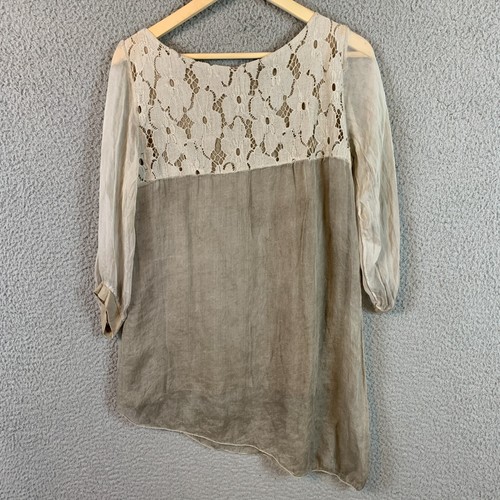 H Trend Italy Top Women Large Beige Tunic Lace 100% Silk Blouse - Picture 9 of 11